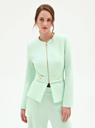 Mintgrüne Jacke mit Reißverschluss und Goldknöpfen