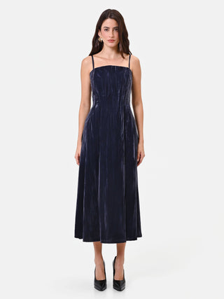 Hammered Blue Midi Dress with Straight Neckline