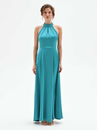 Abito lungo atelier verde smeraldo in raso con scollo all'americana