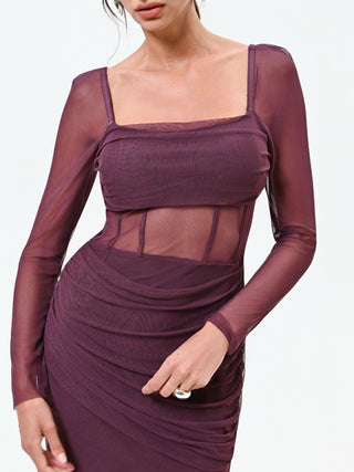 Burgundy Tulle Mini Dress with Boned Bodice