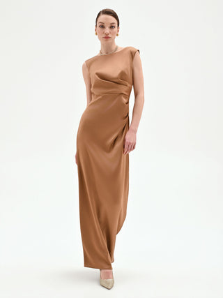 Langes bronzefarbenes Kleid mit asymmetrischer Drapierung