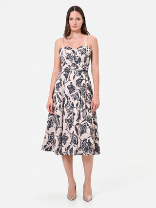 Abito midi in jacquard con stampa floreale blu navy