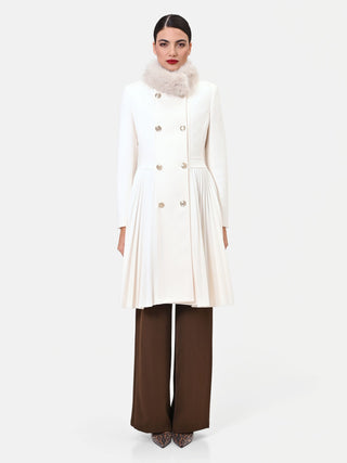 Off-White Double-Breasted Coat with Faux Fur Collar