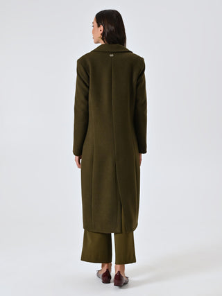 Green Maxi Coat in Textured Fabric with Diagonal Pattern