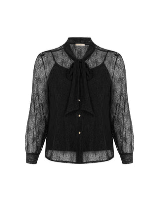 Camicia Curvy nera in pizzo con collo a fiocco