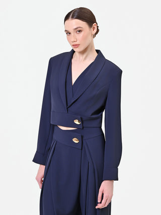 Navy Cropped Blazer with Statement Button