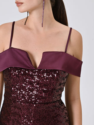 Abito Lungo Bordeaux Paillettes All Over