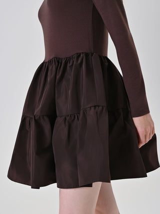 Chocolate Brown Mixed-Fabric Tiered Dress