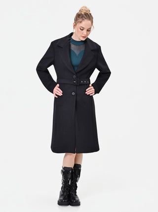 Cappotto nero con cintura e bottoni