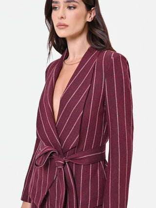 Burgundy Pinstripe Belted Blazer