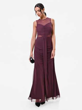 Abito lungo bordeaux rosso con corpino drappeggiato e tulle