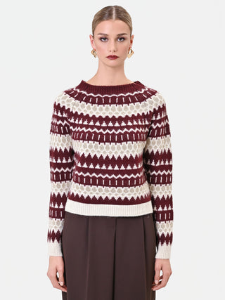 Pull bordeaux en jacquard à motif géométrique