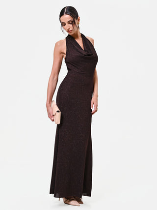 Abito lungo moro marrone con scollo drappeggiato