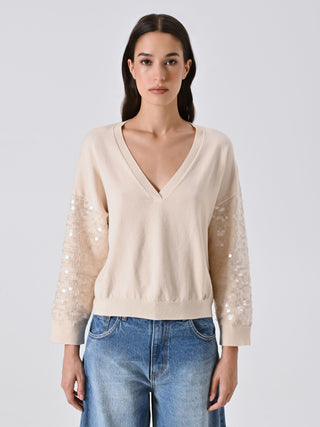 Maglia Beige con Maniche Paillettes