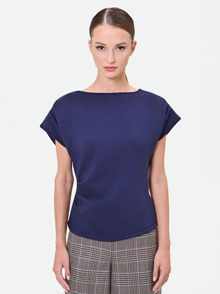 T-shirt blu navy con drappeggio asimmetrico