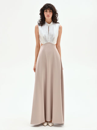 Long taupe beige dress with sequined bodice