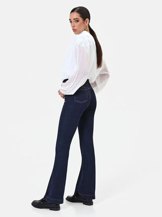 Navy Blue Flared Jeans with Gold Buttons