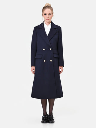 Navy Blue Double-Breasted Long Coat with Gold Buttons