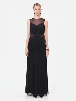 Abito lungo nero con dettagli in tulle