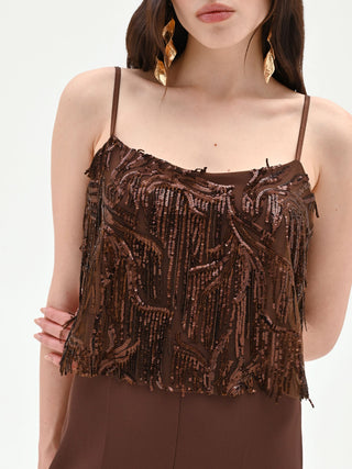 Jumpsuit in Schokobraun mit Pailletten und Fransen
