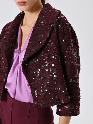 Short Coat in Burgundy Bouclé Fabric with Sequins