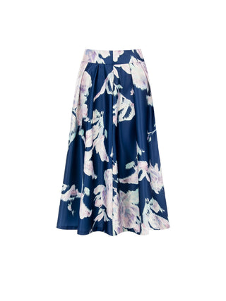 Ausgestellter Duchesse-Midirock mit leuchtend blauem Blumenmuster