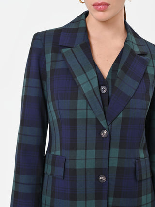 Chaqueta de botonadura sencilla en mezcla de viscosa azul con motivo tartán