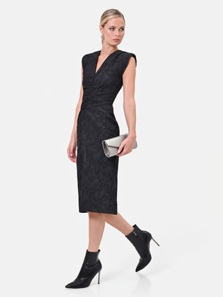 Black Jacquard Draped Sheath Dress