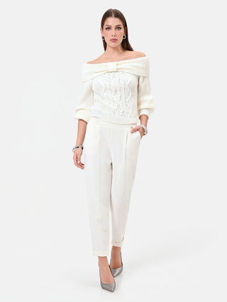 Pantalone panna cropped con risvolto