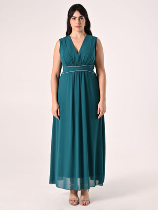 Long Curvy Dress in Royal Green with Rhinestone Piping