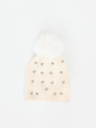 Cappellino bianco con cristalli e pompon