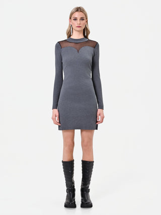 Dark Grey Viscose Short Dress with Sheer Details