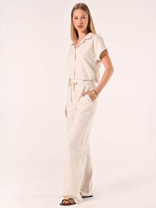 Pantalon ample beige en lin et coton