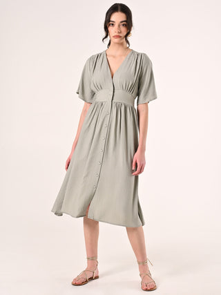 Green Crinkled Shirt Dress