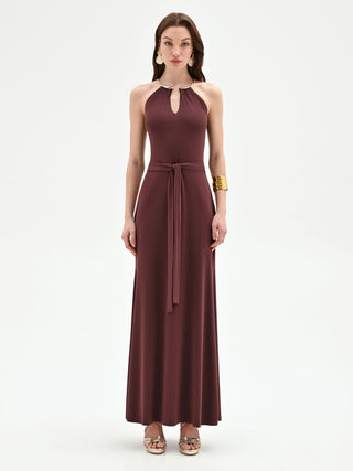 Schokoladenfarbenes Maxikleid mit Collier-Ausschnitt