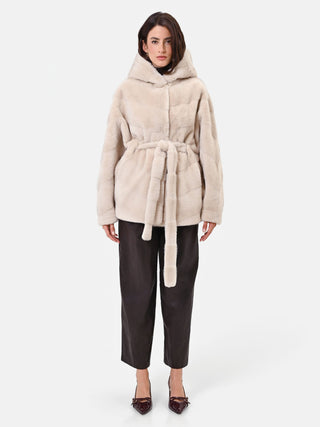 Beige Hooded Wrap Coat with Striped Texture