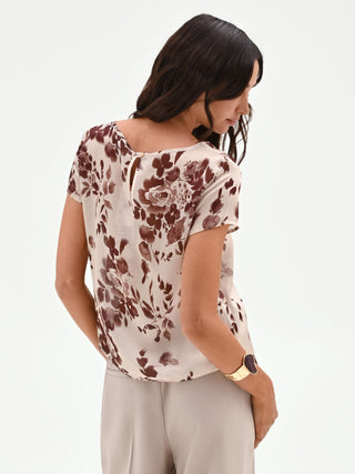 Satinbluse mit floralem Print in Schokoladenbraun