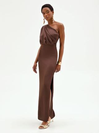 Schokoladenbraunes Maxikleid mit One-Shoulder-Drapierung
