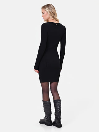 Black Viscose Sheath Dress with See-Through Detail