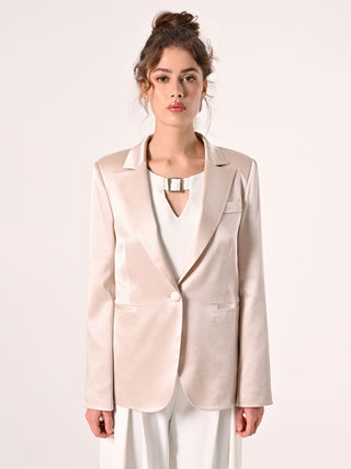 Beige One-breasted Jacket in Structured Satin