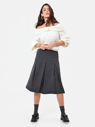 Dark Grey Viscose-Blend Midi Skirt with Box Pleats