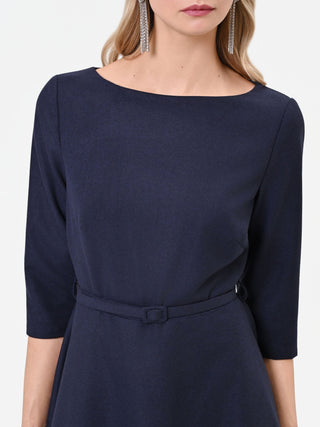 Navy Blue Belted Midi Dress with Flared Skirt
