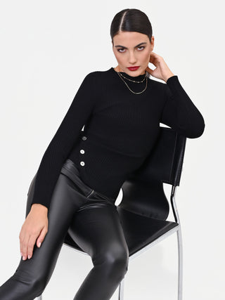 Black Asymmetrical Viscose Top with Buttons