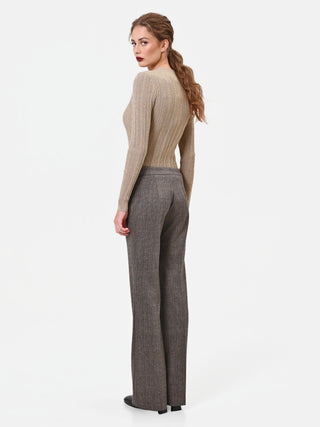 Beige Taupe Herringbone Straight-Leg Trousers