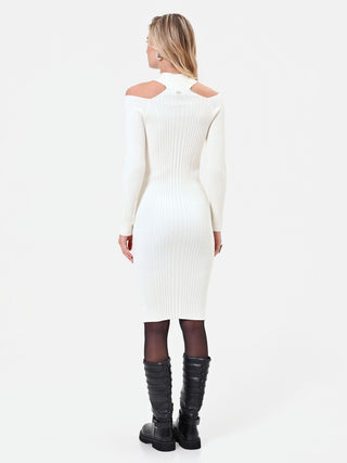 Abito midi in maglia di viscosa bianco panna con cut out
