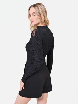 Black Ribbed Viscose Top with Semi-Sheer Insert