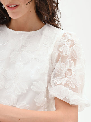 Weiße Organza-Bluse mit Maxi-Blumenapplikationen