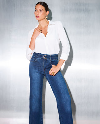 Jean large taille haute bleu avec ceinture