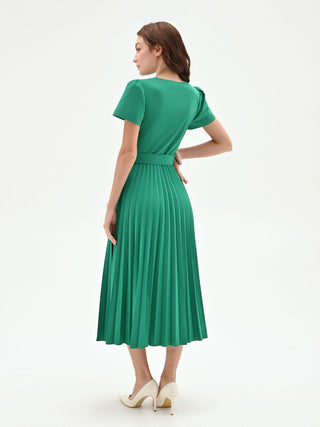 Abito midi verde con gonna plissé