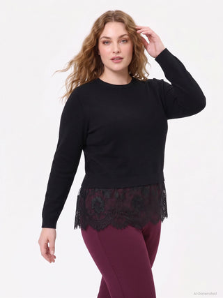 Curvy Black Viscose Top with Lace Hem